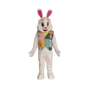 Easter Bunny Mascot Costume with Colorful Patchwork Vest, Yellow Bow Tie, White Rabbit Character Suit for Events and Parties