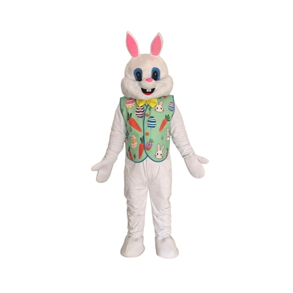 Easter Bunny Mascot Costume with Decorative Vest, White Plush Full Body Suit with Pink Ears and Yellow Bow Tie