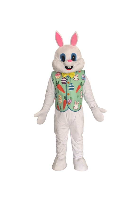 Easter Bunny Mascot Costume with Decorative Vest, White Plush Full Body Suit with Pink Ears and Yellow Bow Tie