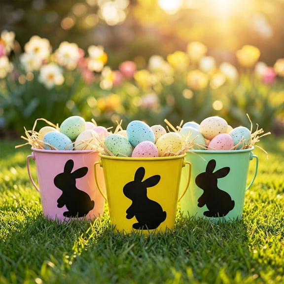 Easter Bunny Metal Bucket with Handle,4.13x4.13 inch Reusable Iron Rabbit Patterns Mini Colored Galvanized Bucket for Kids Easter Egg Hunt,Candy Favors & Crafts Gift Storage,Easter Party Decor