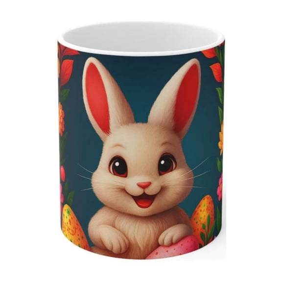 Easter Bunny Mug Floral Eggs, Spring Coffee Cup Ceramic Drinkware.
