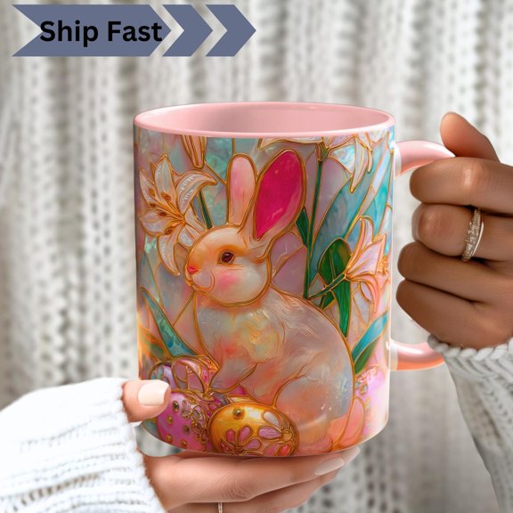 Easter Bunny Mug, Luminous Stained Glass PRINT Mug, Spring Coffee Cup