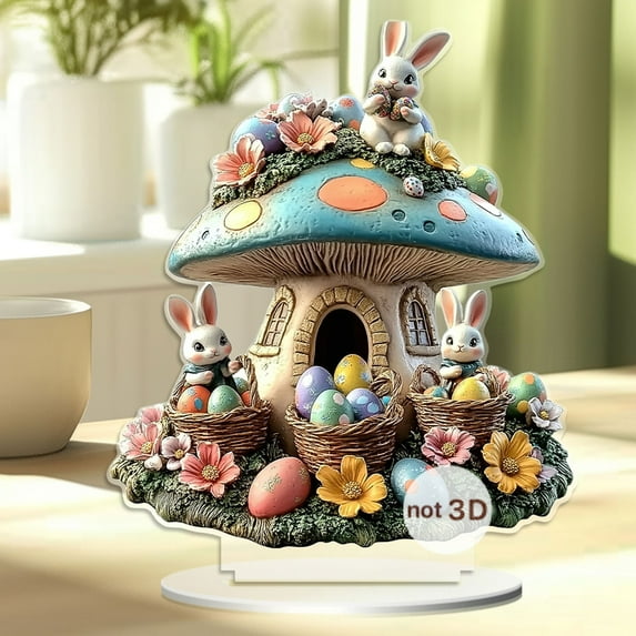Easter Bunny Mushroom House Acrylic Decor Spring Home Tabletop Display Office Ornament Party Accent Colorful Design Whimsical Style