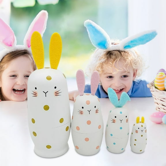 Easter Bunny Nesting Dolls Set of 5, White Russian Style Matryoshka Home Decor, Detailed Handcrafted Figurines for Shelf Display, 2.75 x 7.28 Inches