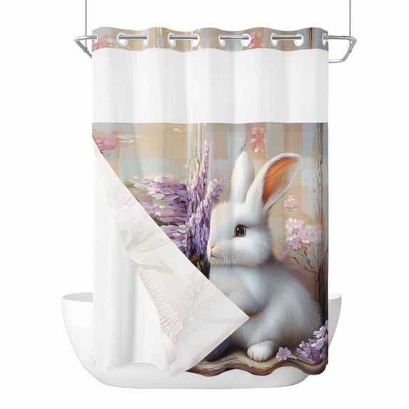 Easter Bunny No Hooks Shower Curtain with Snap-in Liner Eggs Cute Rabbit Shower Curtains for Bathroom, Waterproof, Easy Install, Washable 48"x72"