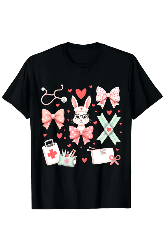 Easter Bunny Nurse Hat Polka Dot Bows Graphic Print Short Sleeve T-Shirt for Women Men Medical Worker Hospital Top