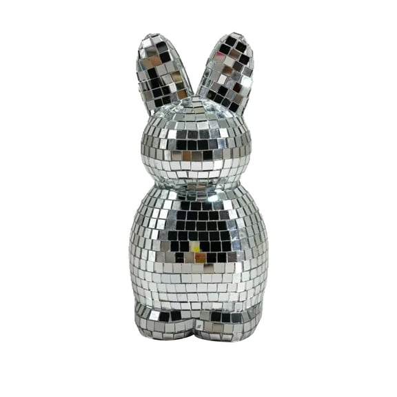 Easter Bunny Ornament Disco Mirror Figurine, 6" Glitter Reflective Rabbit Statue Tablet Decor for Living Room, Dresser, Party Spring Decoration