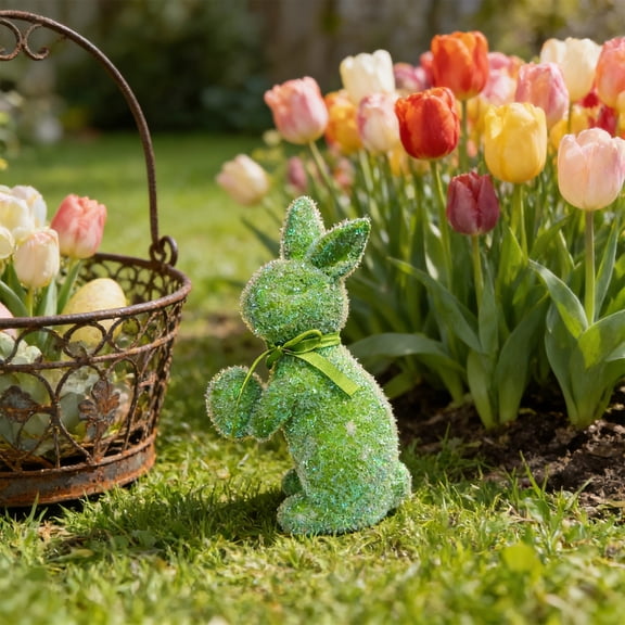 Easter Bunny Ornament, Multi-Expression Flock Bunny Decor, Glittery Textured Bunny Figurine, Festive Home Garden Patio Outdoor Window Decoration (Green)