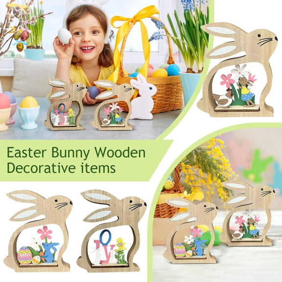 Easter Bunny Ornament Wooden Decoration, Intricate Cutout Design With Easter Themed Details Inside, Single Bunny Figurine For Spring Festive Home Office Desktop Decor