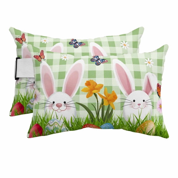 Easter Bunny Outdoor Pillows for Chaise Lounge Chair Beach Headrest Pillow Set of 2 Waterproof Lumbar Pillows with Insert Spring Easter Eggs Floral Sage Green Plaid Pillow for Patio Pool 12"x20"