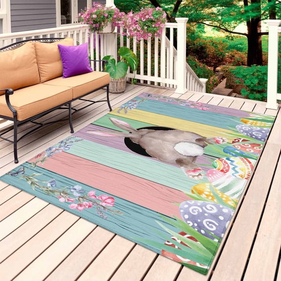 Easter Bunny Outdoor Rug 4x6 Ft, Non Slip Washable Area Rug, Eggs Cute Rabbit Colorful Wooden Grain Rustic Patio Rugs Carpet Runner, Large Floor Mat for Indoor/Outdoor Deck Porch Camping
