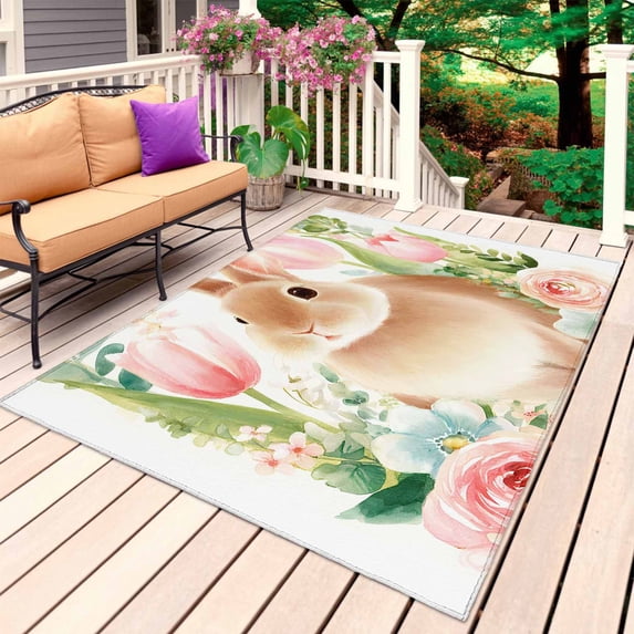 Easter Bunny Outdoor Rug 4x6 Ft, Non Slip Washable Area Rug, Pink Tulip Flowers Rabbit Country Botanical Patio Rugs Carpet Runner, Large Floor Mat for Indoor/Outdoor Deck Porch Camping