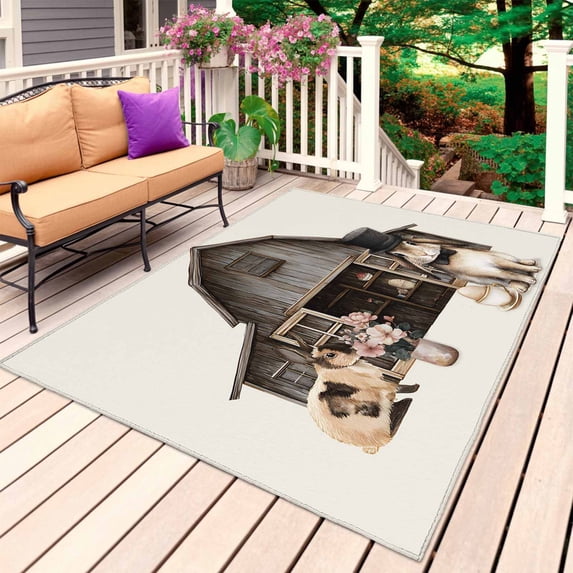 Easter Bunny Outdoor Rug 4x6 Ft, Non Slip Washable Area Rug, Vintage Farmhouse Countryside Rabbits Floral Patio Rugs Carpet Runner, Large Floor Mat for Indoor/Outdoor Deck Porch Camping