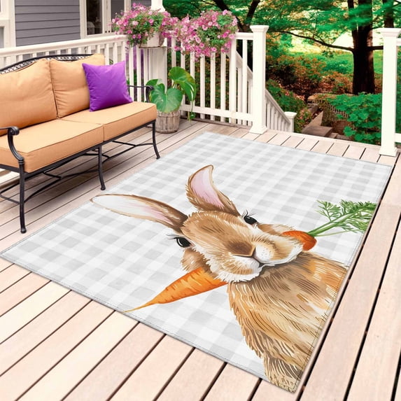 Easter Bunny Outdoor Rug 5x8 Ft, Non Slip Washable Area Rug, Spring Rabbits Carrots Gray Buffalo Plaid Patio Rugs Carpet Runner, Large Floor Mat for Indoor/Outdoor Deck Porch Camping