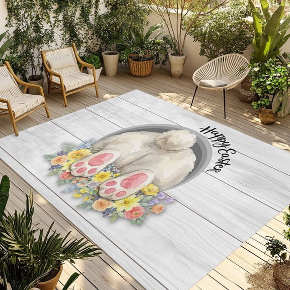 Easter Bunny Outdoor Rug for Patio/Deck/Porch, Non-Slip Large Area Rug 3 x 5 Ft, 3D Optical Illusion Farmhouse Flower Wood Grain Indoor Outdoor Rugs Washable Area Rugs, Camping Rug Carpet Runner