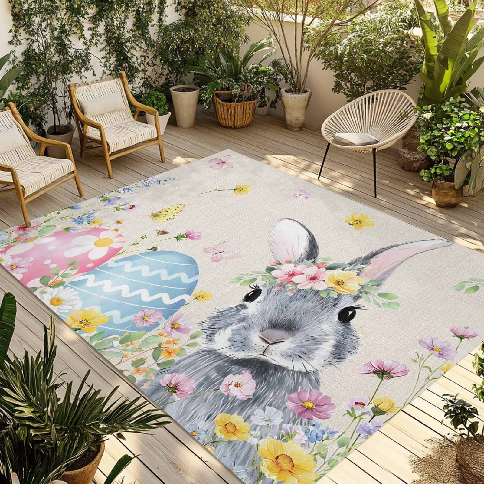 Easter Bunny Outdoor Rug for Patio/Deck/Porch, Non-Slip Large Area Rug ...