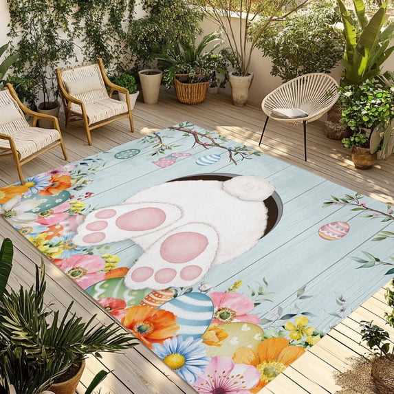 Easter Bunny Outdoor Rug for Patio/Deck/Porch, Non-Slip Large Area Rug 4 x 6 Ft, Easter Eggs Spring Farmhouse Wood Grain Teal Blue Indoor Outdoor Rugs Washable Area Rugs, Camping Rug Carpet Runner