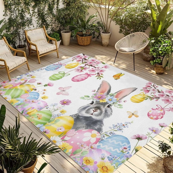 Easter Bunny Outdoor Rug for Patio/Deck/Porch, Non-Slip Large Area Rug 5 x 7 Ft, Colorful Easter Eggs Spring Pink Peach Flowers Indoor Outdoor Rugs Washable Area Rugs, Camping Rug Carpet Runner