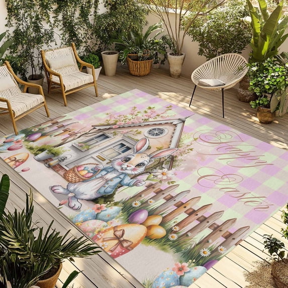 Easter Bunny Outdoor Rug for Patio/Deck/Porch, Non-Slip Large Area Rug 5 x 8 Ft, Colorful Eggs Spring Flowers Pastoral Pink Plaid Indoor Outdoor Rugs Washable Area Rugs, Camping Rug Carpet Runner