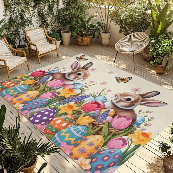 Easter Bunny Outdoor Rug for Patio/Deck/Porch, Non-Slip Large Area Rug 5 x 8 Ft, Colorful Eggs Spring Tulips Flower Vintage Indoor Outdoor Rugs Washable Area Rugs, Camping Rug Carpet Runner