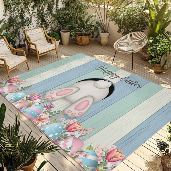 Easter Bunny Outdoor Rug for Patio/Deck/Porch, Non-Slip Large Area Rug 5 x 8 Ft, Cute Rabbit Eggs Flowers Farmhouse Wood Indoor Outdoor Rugs Washable Area Rugs, Reversible Camping Rug Carpet Runner