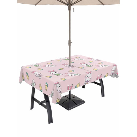 Easter Bunny Outdoor Tablecloth - 52x70 Inch Rectangle Dining Table Cover, Cute Rabbits Eggs Spring Tulips Country Pink Waterproof Outdoor Table Cloth with Umbrella Hole & Zipper for Picnic/Patio