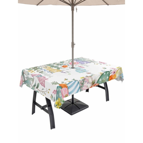 Easter Bunny Outdoor Tablecloth - 52x70 Inch Rectangle Dining Table Cover, Eucalyptus Leaves Spring Easter Eggs Country Waterproof Outdoor Table Cloth with Umbrella Hole & Zipper for Picnic/Patio