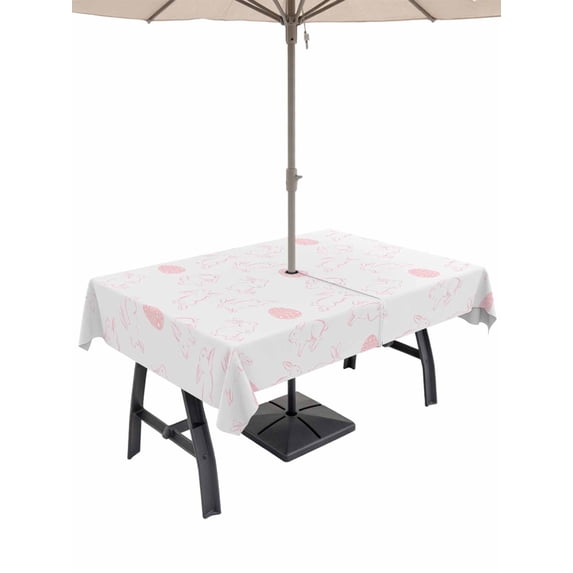 Easter Bunny Outdoor Tablecloth - 52x70 Inch Rectangle Dining Table Cover, Pink Eggs Cute Rabbits Cartoon Waterproof Outdoor Table Cloth with Umbrella Hole & Zipper for Picnic/Patio/Party