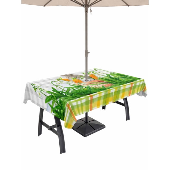 Easter Bunny Outdoor Tablecloth - 52x70 Inch Rectangle Dining Table Cover, Spring Garden Floral Botanical Gray Plaid Waterproof Outdoor Table Cloth with Umbrella Hole & Zipper for Picnic/Patio/Party