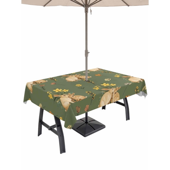 Easter Bunny Outdoor Tablecloth - 52x70 Inch Rectangle Dining Table Cover, Spring Yellow Flowers Country Plants Green Waterproof Outdoor Table Cloth with Umbrella Hole & Zipper for Picnic/Patio/Party