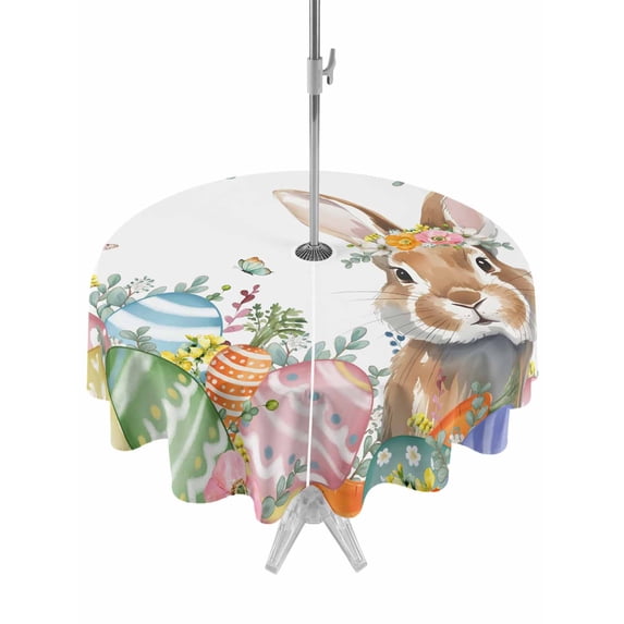 Easter Bunny Outdoor Tablecloth - 54 Inch Round Dining Table Cover, Colorful Easter Eggs Eucalyptus Leaves Weeping Waterproof Outdoor Table Cloth with Umbrella Hole & Zipper for Picnic/Patio/Party