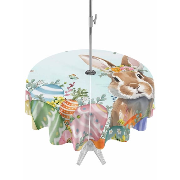 Easter Bunny Outdoor Tablecloth - 54 Inch Round Dining Table Cover, Colorful Easter Eggs Eucalyptus Teal Ombre Waterproof Outdoor Table Cloth with Umbrella Hole & Zipper for Picnic/Patio/Party
