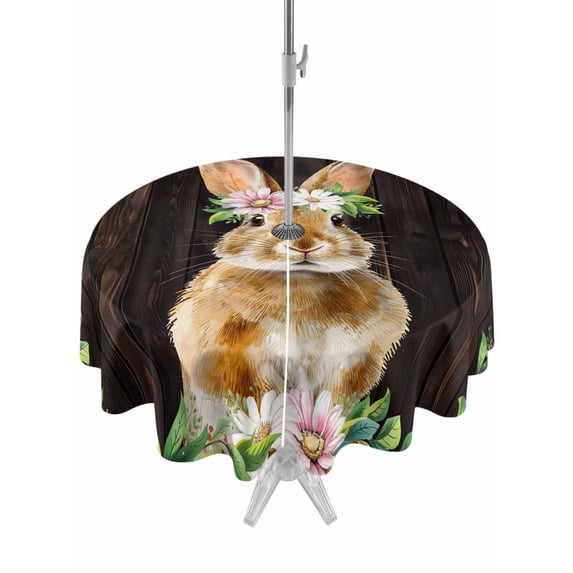 Easter Bunny Outdoor Tablecloth - 54 Inch Round Dining Table Cover, Spring Daisy Botanical Leaves Brown Wood Waterproof Outdoor Table Cloth with Umbrella Hole & Zipper for Picnic/Patio/Party