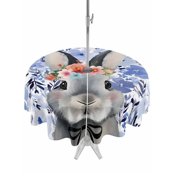 Easter Bunny Outdoor Tablecloth - 54 Inch Round Dining Table Cover, Spring Purple Flowers Rabbit Pastoral Plants Waterproof Outdoor Table Cloth with Umbrella Hole & Zipper for Picnic/Patio/Party