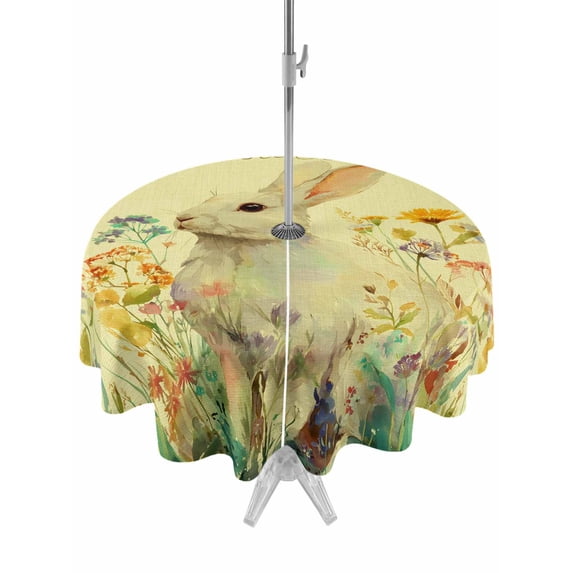 Easter Bunny Outdoor Tablecloth - 54 Inch Round Dining Table Cover, Yellow Rabbit Spring Flowers Leaves Rustic Plants Waterproof Outdoor Table Cloth with Umbrella Hole & Zipper for Picnic/Patio/Party