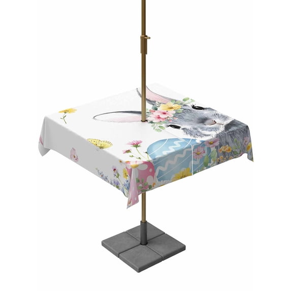 Easter Bunny Outdoor Tablecloth - 54x54 Inch Square Dining Table Cover, Blue Easter Eggs Spring Floral Butterflies Waterproof Outdoor Table Cloth with Umbrella Hole & Zipper for Picnic/Patio/Party