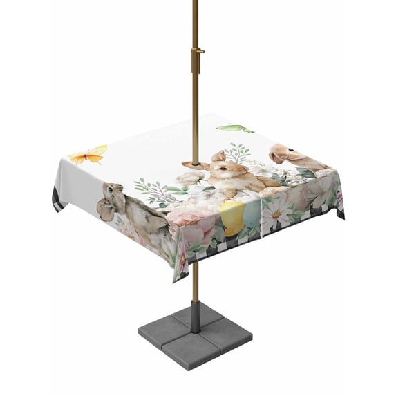 Easter Bunny Outdoor Tablecloth - 54x54 Inch Square Dining Table Cover, Spring Botanical Flowers Flowers Eggs Check Waterproof Outdoor Table Cloth with Umbrella Hole & Zipper for Picnic/Patio/Party