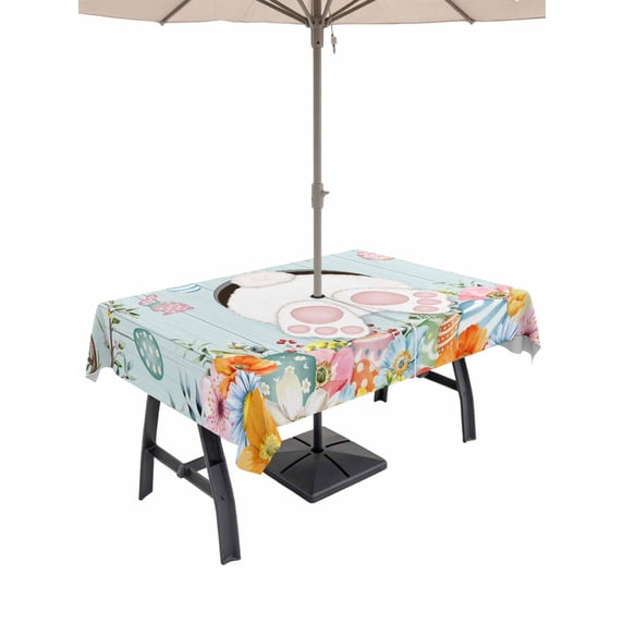 Easter Bunny Outdoor Tablecloth - 54x80 Inch Rectangle Dining Table Cover, Easter Eggs Spring Farmhouse Wood Grain Teal Blue Waterproof Outdoor Table Cloth with Umbrella Hole & Zipper for Patio