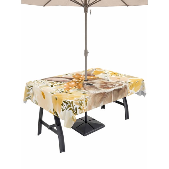 Easter Bunny Outdoor Tablecloth - 54x80 Inch Rectangle Dining Table Cover, Spring Yellow Floral Rabbit Scarf Botanical Waterproof Outdoor Table Cloth with Umbrella Hole & Zipper for Picnic/Patio
