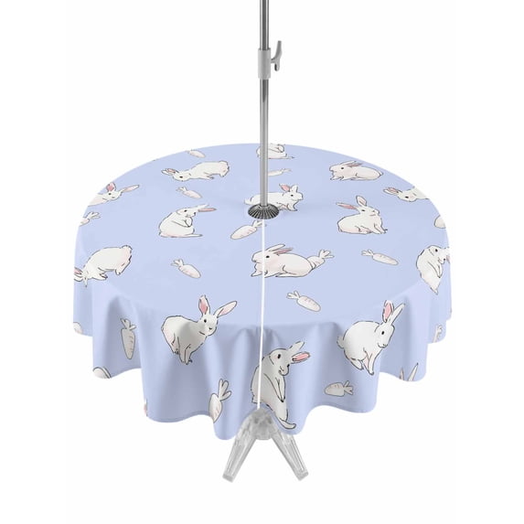 Easter Bunny Outdoor Tablecloth - 60 Inch Round Dining Table Cover, Cartoon Carrots Cute Rabbits Sketch Blue Waterproof Outdoor Table Cloth with Umbrella Hole & Zipper for Picnic/Patio/Party