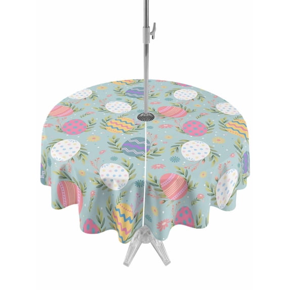 Easter Bunny Outdoor Tablecloth - 60 Inch Round Dining Table Cover, Colorful Eggs Spring Leaves Daisy Blue Waterproof Outdoor Table Cloth with Umbrella Hole & Zipper for Picnic/Patio/Party