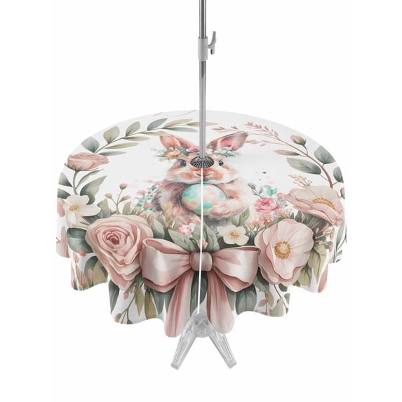 Easter Bunny Outdoor Tablecloth - 60 Inch Round Dining Table Cover, Cute Rabbit Rose Floral Pastoral Leaves Plants Waterproof Outdoor Table Cloth with Umbrella Hole & Zipper for Picnic/Patio/Party
