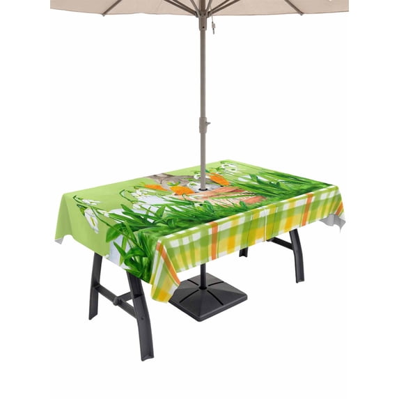 Easter Bunny Outdoor Tablecloth - 60x102 Inch Rectangle Dining Table Cover, Spring Green Garden Floral Botanical Plaid Waterproof Outdoor Table Cloth with Umbrella Hole & Zipper for Picnic/Patio