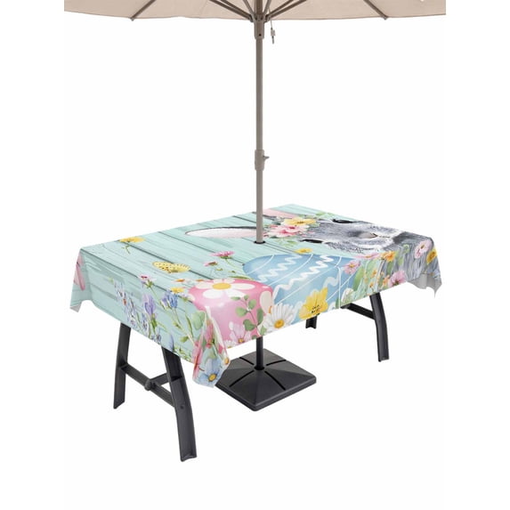 Easter Bunny Outdoor Tablecloth - 60x120 Inch Rectangle Dining Table Cover, Blue Easter Eggs Spring Floral Teal Wooden Waterproof Outdoor Table Cloth with Umbrella Hole & Zipper for Picnic/Patio