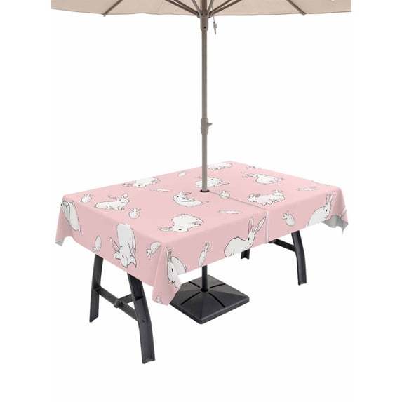 Easter Bunny Outdoor Tablecloth - 60x120 Inch Rectangle Dining Table Cover, Cartoon Carrots Cute Rabbits Sketch Pink Waterproof Outdoor Table Cloth with Umbrella Hole & Zipper for Picnic/Patio/Party