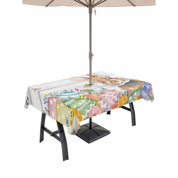 Easter Bunny Outdoor Tablecloth - 60x120 Inch Rectangle Dining Table Cover, Colorful Easter Eggs Eucalyptus Grey Wooden Waterproof Outdoor Table Cloth with Umbrella Hole & Zipper for Picnic/Patio