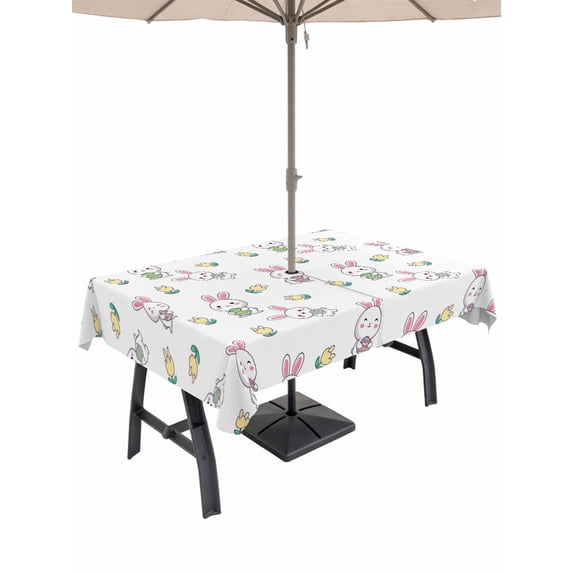 Easter Bunny Outdoor Tablecloth - 60x120 Inch Rectangle Dining Table Cover, Cute Rabbits Green Eggs Spring Tulips Waterproof Outdoor Table Cloth with Umbrella Hole & Zipper for Picnic/Patio/Party