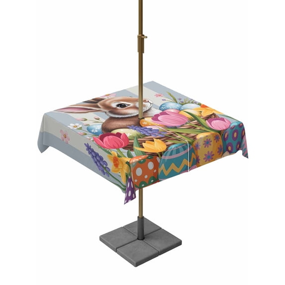 Easter Bunny Outdoor Tablecloth - 60x60 Inch Square Dining Table Cover, Colorful Eggs Spring Tulips Flower Blue Stripes Waterproof Outdoor Table Cloth with Umbrella Hole & Zipper for Picnic/Patio