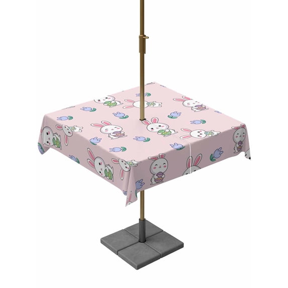 Easter Bunny Outdoor Tablecloth - 60x60 Inch Square Dining Table Cover, Cute Rabbits Eggs Tulips Flowers Rustic Pink Waterproof Outdoor Table Cloth with Umbrella Hole & Zipper for Picnic/Patio/Party