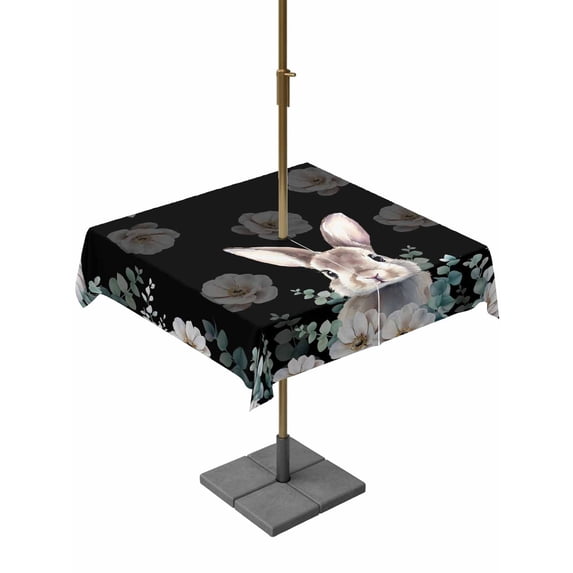 Easter Bunny Outdoor Tablecloth - 60x60 Inch Square Dining Table Cover, Eucalyptus Leaves Rabbit Flowers Black Waterproof Outdoor Table Cloth with Umbrella Hole & Zipper for Picnic/Patio/Party